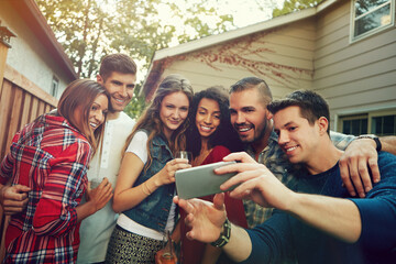 Selfie, happy and group of people in backyard for memory, bonding or connection together on weekend. Smile, love and friends with photography picture for social media post outdoor at apartment.