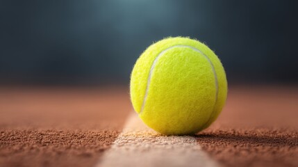 Vibrant Yellow Tennis Ball on Clay Court Surface with Soft Focus Background Ideal for Sports and Recreation Projects