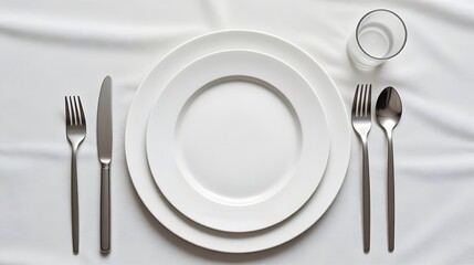 Elegant place setting with pristine white plates, modern cutlery, and a glass of water on a crisp white tablecloth, perfect for luxurious dining