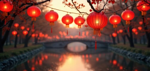 Red chinese lanterns hang over river in park at sunset. Bridge crosses water reflected with lamp lights. Trees with autumn leaves line path.