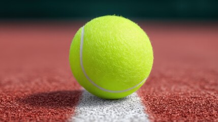 Close-up of a bright yellow tennis ball resting on the court line, showcasing texture and color in a vibrant outdoor sports setting