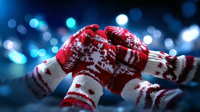Stack of hands with Christmas mittens and snowflakes, defocused lights, winter unity gesture, holiday teamwork symbol, seasonal corporate solidarity, with copy space logo, watermar
