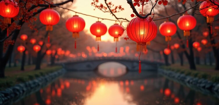 Red chinese lanterns hang over river in park at sunset. Bridge crosses water reflected with lamp lights. Trees with autumn leaves line path.