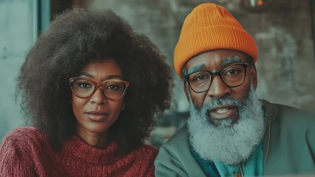 A man and woman sitting side by side wearing glasses and warm clothing, smiling at the camera.