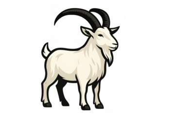 Goat animal standing with horns and beard creating a cartoon mascot or logo on transparent background