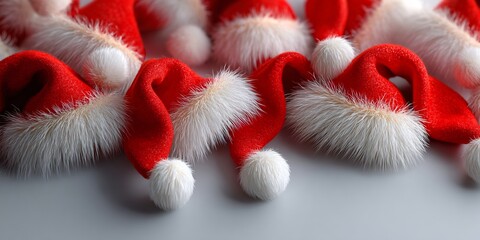 Festive arrangement of multiple Santa Claus hats with fluffy white trim, showcasing a variety of textures and vibrant red colors, perfect for holiday decor