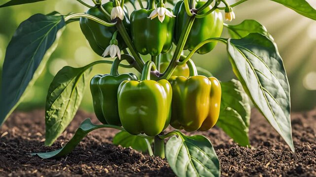 Green pepper plant emerges from rich soil, showcasing vibrant leaves and budding fruits, as the camera smoothly zooms in, capturing the growth process in natural light