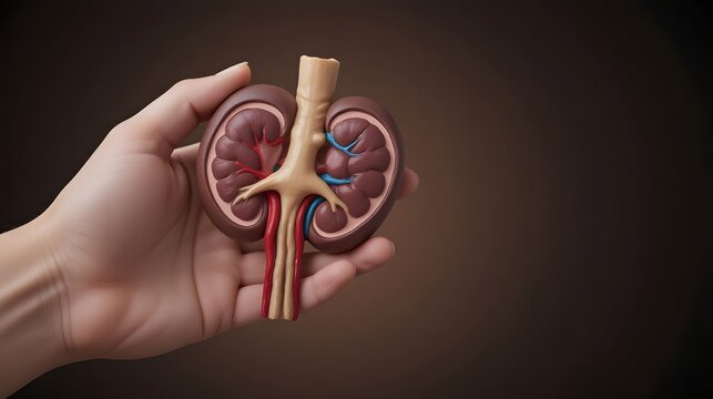 Intricate kidney model held in hand, offering a detailed view ideal for medical education and healthcare promotions, highlighting anatomy and health awareness