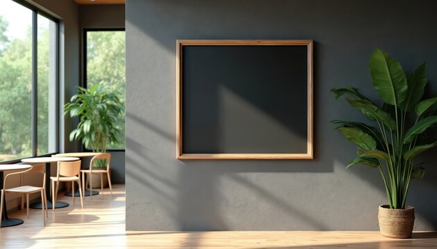 Empty square blackboard with wooden frame hangs on gray wall. Interior cafe or restaurant setting with plants and tables near window. Copy space for menu or announcement.