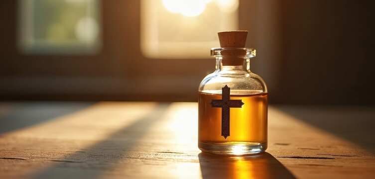 Sacred chrism oil in a small glass bottle with cork. Holy cross emblem on container. Sunlight streams through window creating warm glow on table.
