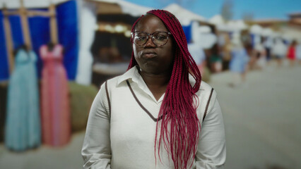 Woman standing outdoors with braids and glasses at a city market near colorful clothing stalls looking displeased during the day.