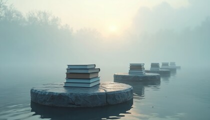Stacks of books sit on round stone platforms in calm water. Misty, foggy landscape surrounds. Sun shines softly through fog. Quiet scene suggests knowledge, wisdom, personal growth, serene journey