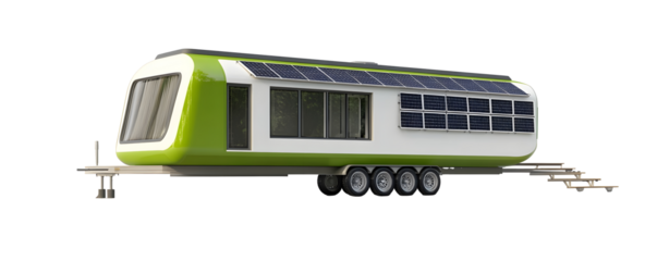rendering 3D of modern green and white trailer house with solar panel technology isolated on white background