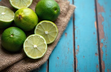 Whole and halved limes rest on burlap fabric. Juicy green citrus fruits sit on rustic blue wooden planks. Fresh ingredients for healthy drinks and food.