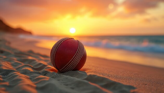A weathered cricket ball rests on a sandy beach at sunset. Warm golden light reflects on the ocean waves. The scene evokes feelings of nostalgia, peace, and the simple joys of summer sport.