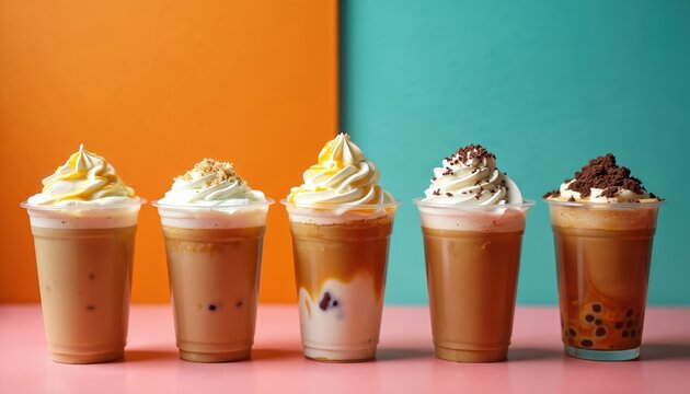 Five iced coffee drinks with different toppings are arranged side by side. Each beverage features whipped cream, some include caramel, chocolate, or cookie crumbles for extra flavor, visual appeal.