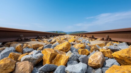 Close-Up View of Railway Tracks Surrounded by Colorful Stones Under Clear Blue Sky and Rolling Hills in the Distance, Ideal for Travel and Nature Photography