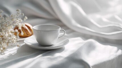 Fototapeta premium Elegant morning scene featuring coffee cup, pastry, and delicate baby's breath