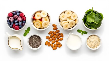 A delicious and fresh traditional breakfast plate featuring colorful easter eggs and healthy ingredients like beans, bread, and vegetables on the table
