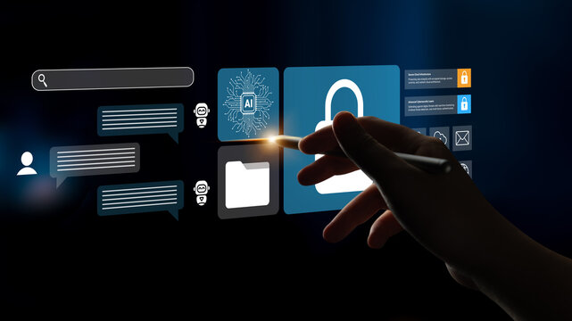 A close-up view of a hand interacting with a futuristic touchscreen interface showcasing security features, chat bubbles, and digital icons focused on data protection. Gantry