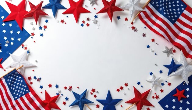 US flags and red white blue stars border composition on white background. Patriotic stars confetti scattered around. July fourth celebration event concept.