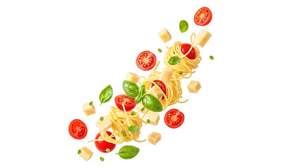 Pasta nests with cherry tomatoes cheese cubes and basil leaves floating on white