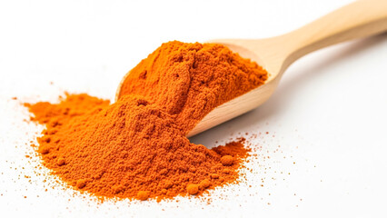 Bright orange turmeric powder spilling from a wooden spoon on a white surface