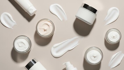 Assorted Skincare Creams and Bottles on Neutral Background for Beauty and Personal Care Products