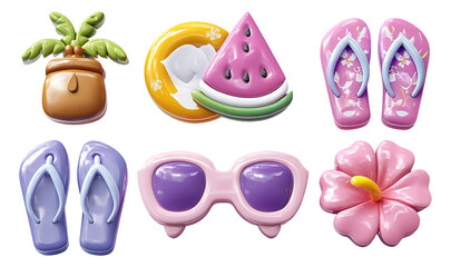 Colorful Vacation Essentials in 3D with Glossy Finish and Inflated Style