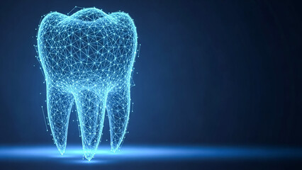 Digital tooth model glowing on a dark blue background for dental technology