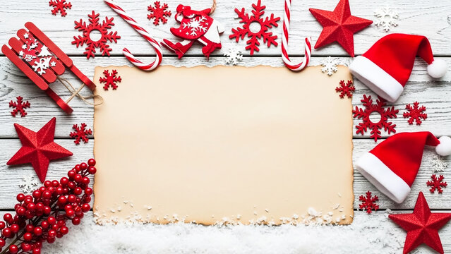Festive christmas background with blank paper and holiday decorations around it - Powered by Adobe