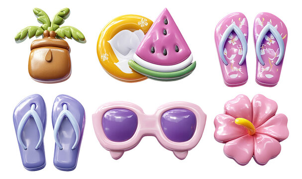 Colorful Vacation Essentials in 3D with Glossy Finish and Inflated Style