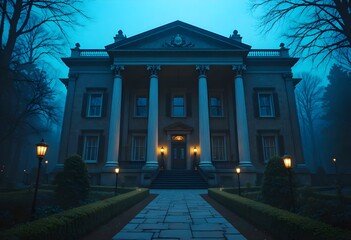 An eerie mansion exudes classic elegance in the twilight fog. Glowing lamps illuminate its grand facade, creating a spooky and mysterious atmosphere.