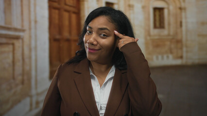 Woman smiling and pointing finger to head against a weathered stone building in old town under warm sunlight; confidence.