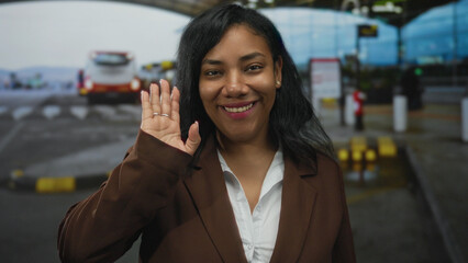 Smiling woman in brown blazer waves hand at airport curbside dropoff zone greeting passersby; friendly greeting.