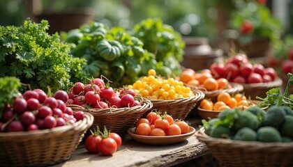 Various fresh organic vegetables displayed on rustic wooden table. Colorful produce arrangement in baskets creates vibrant scene. Healthy eating concept for farmers market or eco food shop.