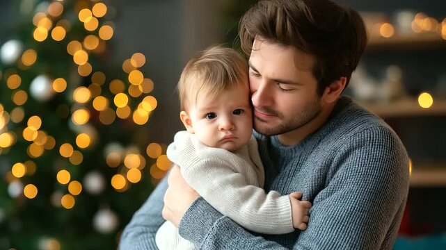 Young faceless father playing with unhappy baby son at Christmas home, winter comforting moment, holiday parent care, seasonal bonding concept, defocused decorations , with copy sp