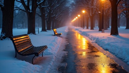 Illuminated winter park path with snow covered benches. Wet icy walkway reflects warm streetlights. Bare trees line quiet snowy avenue at dusk. Peaceful cold nature scene.