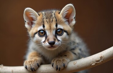 Obraz premium Cute spotted genet kitten with big eyes looks directly at camera. Small wild feline rests on tree branch. Young carnivore native to Europe has soft fur.