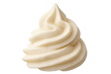 Swirling vanilla soft serve ice cream or whipped cream with a smooth texture on a transparent background, sweet dessert topping