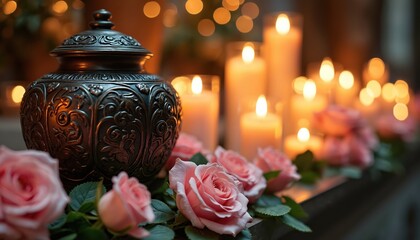 Ornate urn with pink roses and lit candles creates solemn atmosphere for funeral or memorial service. Soft focus warm light evokes remembrance and peace.