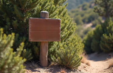 An empty wooden sign stands on a dirt path in nature. Green bushes and pine trees grow around the trail. It is a sunny day in the wild, an open space for hiking.
