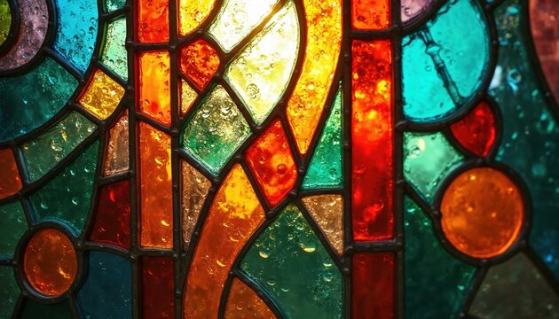Close-up abstract view of colorful stained glass window with geometric shapes, water droplets. Vibrant translucent panels create patterns of red orange green, blue light. Authentic old art texture.
