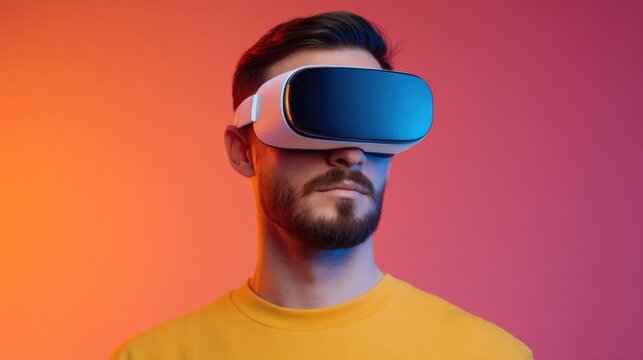 Young man wearing virtual reality headset with colorful background, exploring digital experiences and futuristic technology in modern lifestyle setting