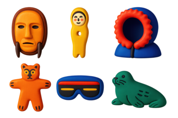 Arctic Ceremonial Icons. 3D icon set of Arctic and Inuit ceremonial items: carved walrus ivory mask, bone amulet with face,
