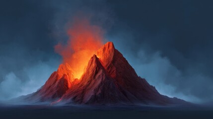 Majestic Eruption of a Volcano at Night, Lava and Smoke Illuminating the Sky, Dramatic Landscape with Fiery Colors and Dark Clouds Surrounding the Mountain
