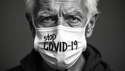 Elderly man wears medical face mask with stop COVID-19 text written. Eyes show concern for virus threat. Represents vulnerable senior risk group, public health, strong prevention, global pandemic