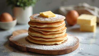 Stack of golden pancakes with butter on top, sprinkled with powdered sugar. Ingredients like eggs and butter nearby suggest homemade breakfast preparation. Fluffy texture implies a delicious meal.