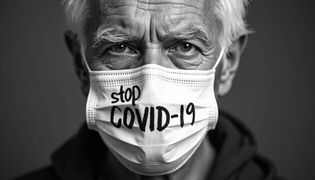 Elderly man wears medical face mask with stop COVID-19 text written. Eyes show concern for virus threat. Represents vulnerable senior risk group, public health, strong prevention, global pandemic - Powered by Adobe