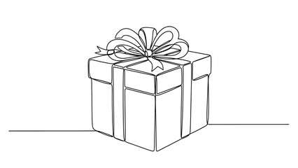 Minimalist line drawing of gift box with ribbon isolated on white background